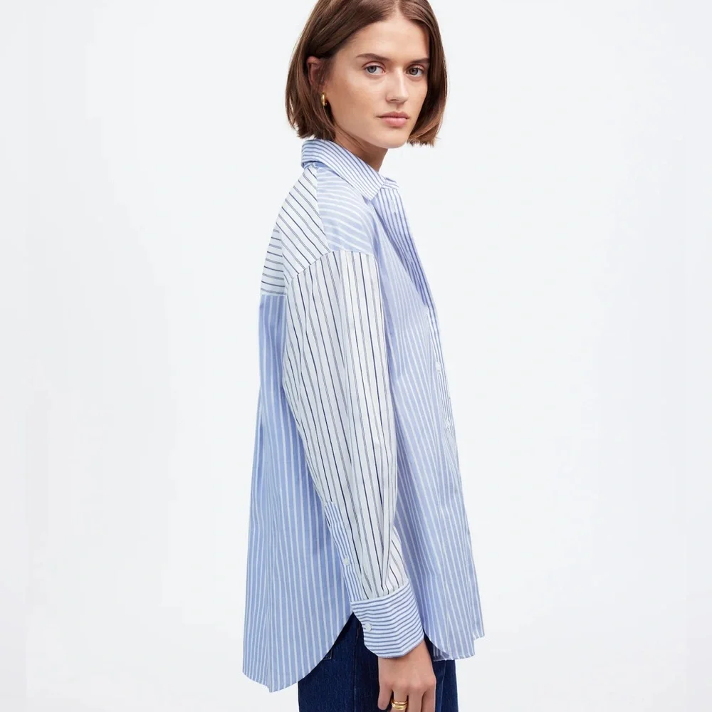 NWT MADEWELL Poplin Oversized Button-Up Shirt in Light Blue And White Stripe - Picture 4 of 7